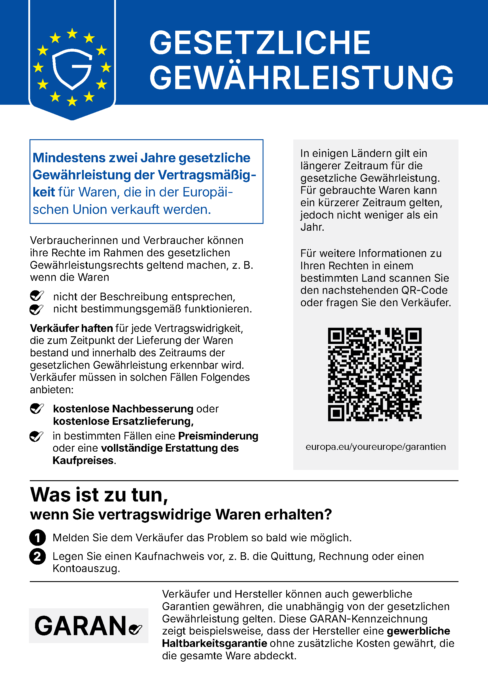 EU-Hinweis zur gesetzlichen Gewährleistung – mindestens 2 Jahre Schutz für Verbraucher