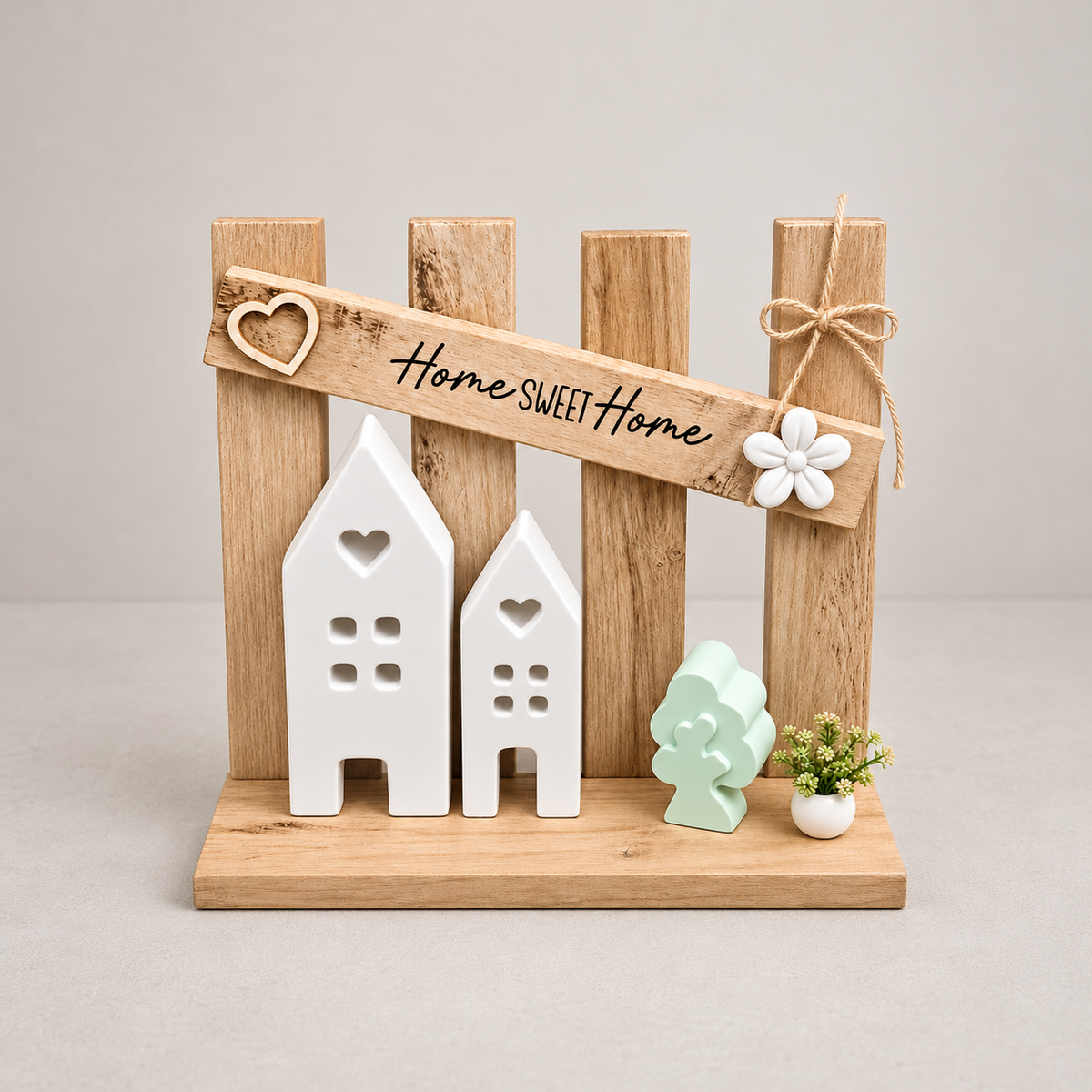 Home sweet Home – Holzdekoration mit zwei weißen Häusern, mintgrünem Baum und dekorativen Details