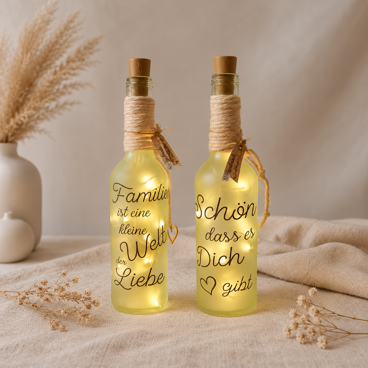 Lichtflasche Herzensleuchten – links Familie, rechts Schön dass es Dich gibt; Preis pro Flasche
